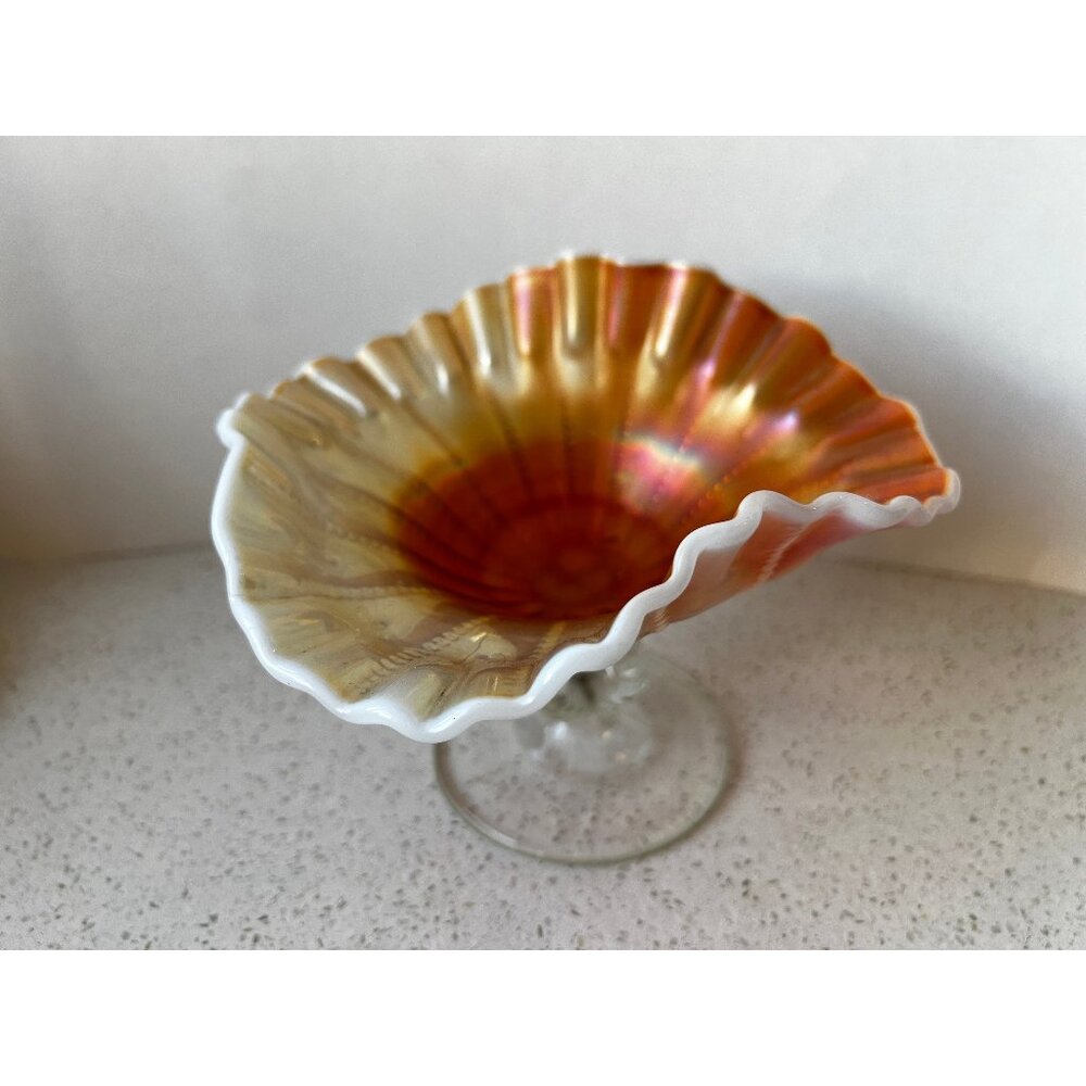 Dugan Opalescent Beaded Panels Open Stemmed Carnival Glass Compote Dish Antique